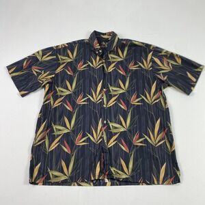 Bamboo Cay Camp Shirt Mens Medium Black Hawaiian Aloha Bamboo Leaf Cotton Lawn